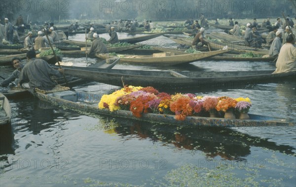 INDIA, Kashmir, Srinigar, Early morning market on Dal Lake with wooden canoe full of flowers in the foreground.