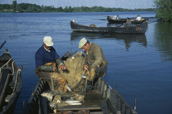 ROMANIA, Danube Delta, Fishermen in wooden rowing boat with catch.