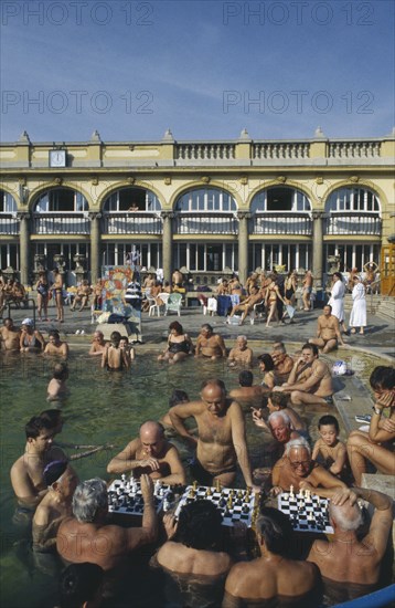 HUNGARY, Budapest, Szechenyi Furdo.  Chess players in thermal baths of spa.