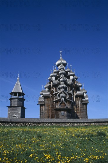 RUSSIA, Karelia, Lake Onega, Khizi Island.  Seventeenth Century church built without using a single nail.