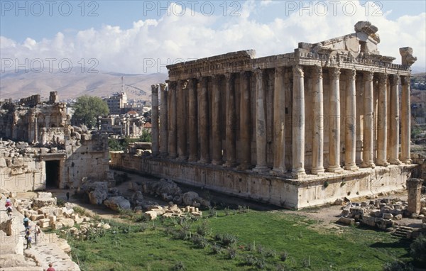 LEBANON, Bekaa Valley , Baalbeck, Ancient ruined classical temple and fallen masonry.