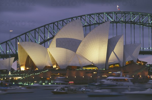 AUSTRALIA, New South Wales, Sydney, View across Farm Cove towrds Sydney Opera House and Harbour Bridge.