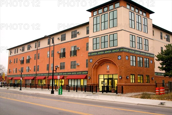 USA, Minnesota, Minneapolis, Many Rivers East on Franklin Avenue provides low income housing for the neighborhood sponsored by American Indian Housing and Community Development corporation.