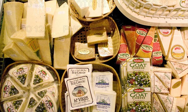 USA, Minnesota, St Paul, A selection of goat and feta cheese displayed at the Mississippi Market a natural foods co-op located at Dale and Selby in the regentrified inner city area.