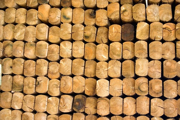 USA, Minnesota, Battle Lake, Stack of landscaping railroad ties in the lumberyard.