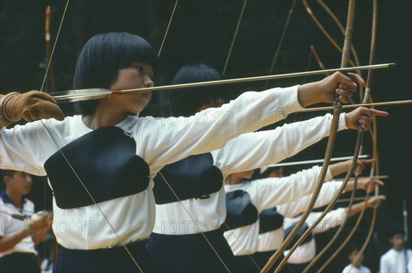 JAPAN, Kyushu, Archers taking part in Kaseda Samurai Festival.  Archery or Kyudo or Way of the Bow has close associations with Zen Buddhism.