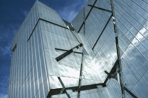 GERMANY, Berlin, Angled part view of zinc clad facade of the Jewish Museum designed by Polish architect Daniel Libeskind in 1998 and opened in 2001.