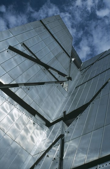 GERMANY, Berlin, Angled part view of zinc clad facade of the Jewish Museum designed by Polish architect Daniel Libeskind in 1998 and opened in 2001.
