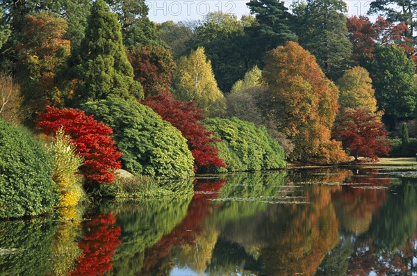 ENGLAND, East Sussex, Sheffield Park, Informal landscape garden initially laid out by Capability Brown in the 18th Century.  Trees in Autumn colours reflected in lake.