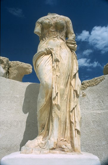 LIBYA, Tripolitania, Sabratha, Bas relief carving of mythological figure on white marble pulpitum of theatre.