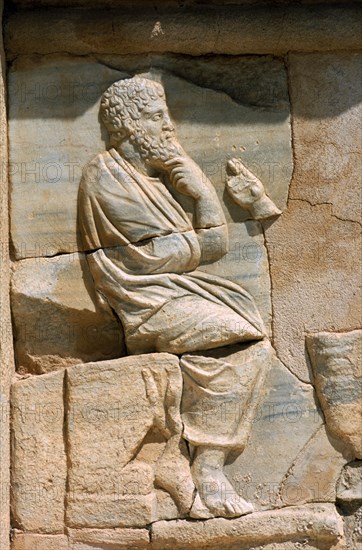 LIBYA, Tripolitania, Sabratha, Bas relief carving of mythological figure on white marble pulpitum of theatre