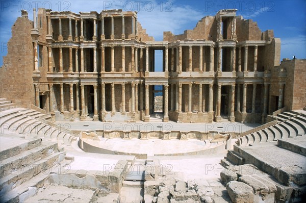 LIBYA, Tripolitania, Sabratha, The Theatre back scene and seating