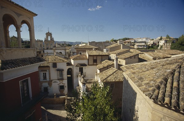 SPAIN, Balearic Islands, Majorca, Palma. Tiled rooftops of old Spanish town.