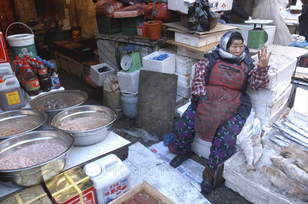 KOREA, Seoul, Namdaenum Market on a cold December day. Elderly woman negotiates price with a buyer for frozen or fermented fish
