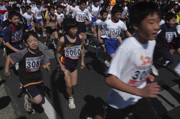 JAPAN, Chiba, Chiba, 11 and 12 year old boys at the start of 2 kilometer race on Chiba Prefectural Fitness day
