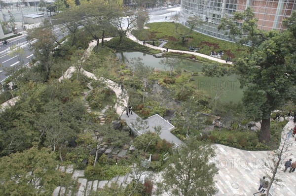 JAPAN, Honshu, Tokyo, Roppongi. Aerial view over traditional Japanese garden beside Asahi Television headquarters