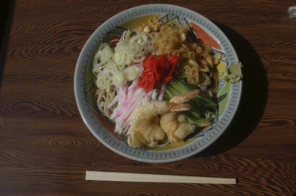 JAPAN, Chiba, Tako, "Bowl of "" hiyashi tanuki soba"" chilled raccoon dog buckwheat noodles, popular summertime meal"