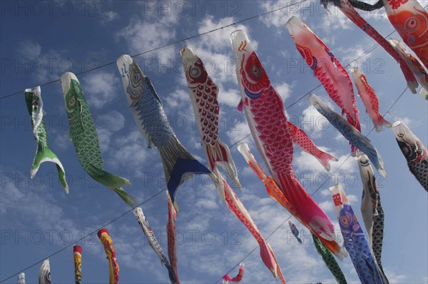 JAPAN, Chiba, Tako, "Koinobori, Carp Flags, traditional good luck symbol, at Tako #3 Elementary School"