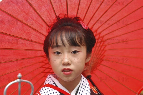 JAPAN, Chiba, Narita , "11 year old Shiori Ekai, a tekomae, young girl who walks in front of the wagon during Gion Matsuri"