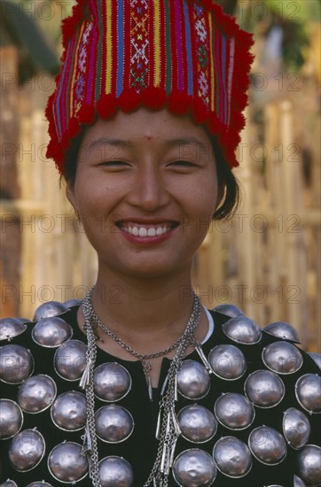THAILAND, Chiang Mai Province, Muang Nga, Portrait of a Jinghpaw woman in traditional attire