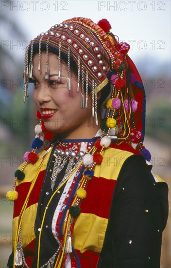 MYANMAR, Kachin State, Manhkring, Portrait of a Lisu woman in traditional attire of the Myitkyina area