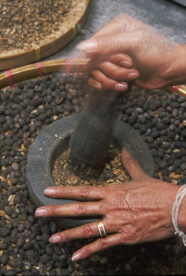 THAILAND, Chiang Mai Province, Mueng Keurt, Woman grinding coffee seeds with a pestle and mortar to remove pulp