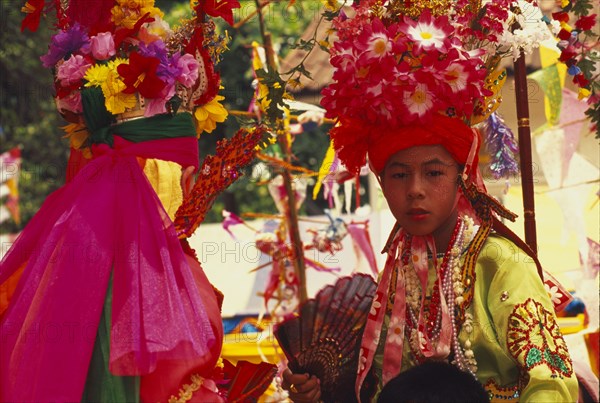 THAILAND, Chiang Mai, Shan Poi San Long. Crystal Children ceremony with Luk Kaeo in costume at stupa Wat Pa Pao