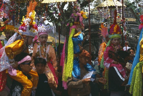 THAILAND, Chiang Mai, Shan Poi San Long. Crystal Children ceremony with Luk Kaeo in costume at stupa Wat Pa Pao
