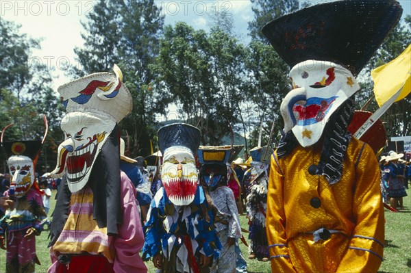 THAILAND, Loei Province, Dan Sai, Phi Ta Khon or Spirit Festival. Group of spirits in costumes and masks