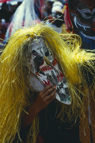 THAILAND, Loei Province, Dan Sai, Phi Ta Khon or Spirit Festival. Person wearing elaborate spirit mask