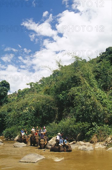 THAILAND, Chiang Mai Province, Western tourists riding elephants in the Mae Taeng River