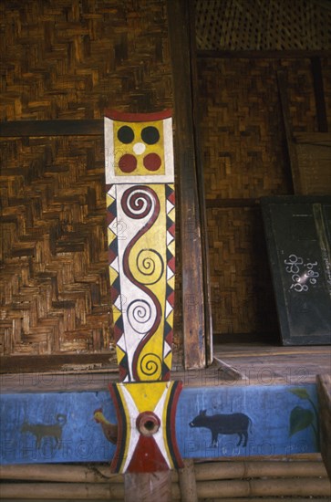 MYANMAR, Kachin State, Near Myitkyina, Jinghpaw ceremonial house interior detail at Manao grounds in Waing Maw