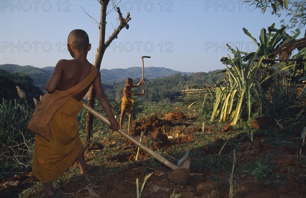 THAILAND, Wat Phra Acha Tong, Novice Buddhist monks from The Golden Horse Forest Monastery working on land breaking up soil.