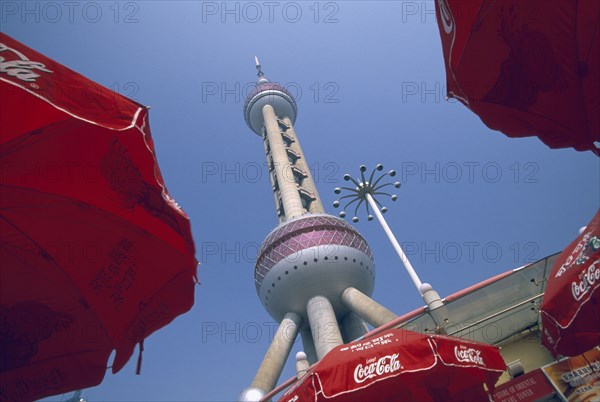 CHINA, Shanghai, "Oriental Pearl Tower TV and radio station with elevators to restaurants, conference rooms and entertainment.  Built 1991-1995 and designed by Jia Huan Cheng."