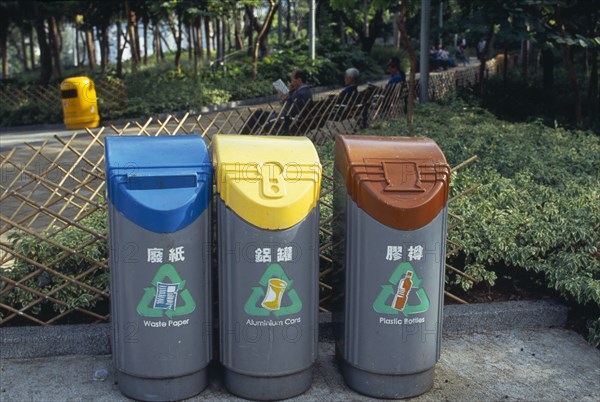 CHINA, Hong Kong, "Recycling bins for aluminium cans, plastic bottles and waste paper in Victoria Park on Causeway Bay."
