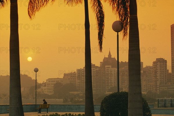 CHINA, Macau, City skyline at sunset with trunks of palm trees in foreground framing single figure on bench.