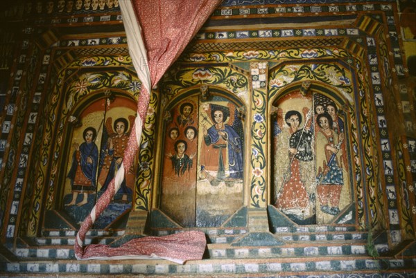 ETHIOPIA, Lake Tana, Monastery interior.  Detail of wall painting.