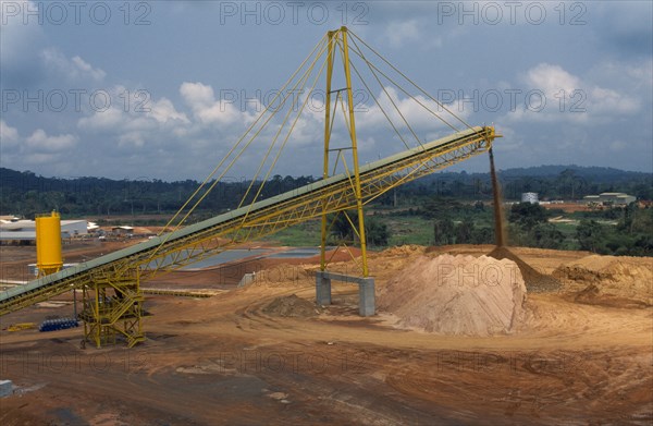 GHANA, Industry, Gold mine with conveyer belt extracting waste material.