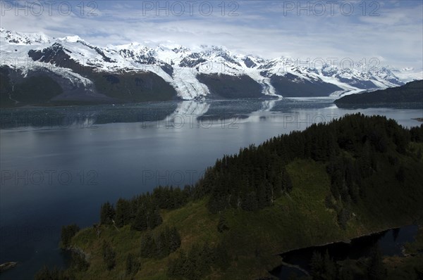 USA, Alaska, College Fjord, View over trees and calm waters of the bay toward snow capped mountain range