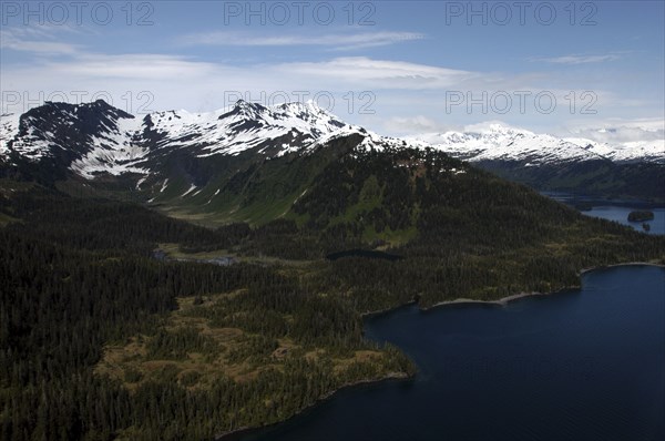 USA, Alaska, Prince William Sound, Aerial view over coastal landscape and snow capped mountain peaks