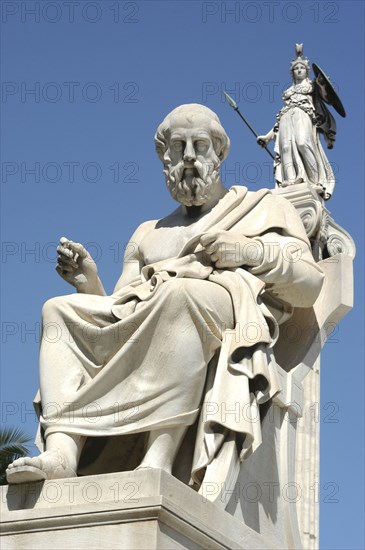 GREECE, Athens, Statue of bearded man in robes at the Athens Academy