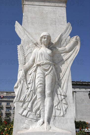 GREECE, Athens, Carved stone relief statue of an angel at the National Library