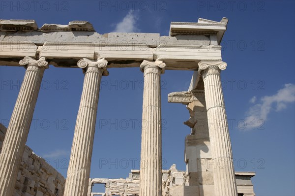 GREECE, Athens, Acropolis. Angled view of the columns of the ruined Erechtheion