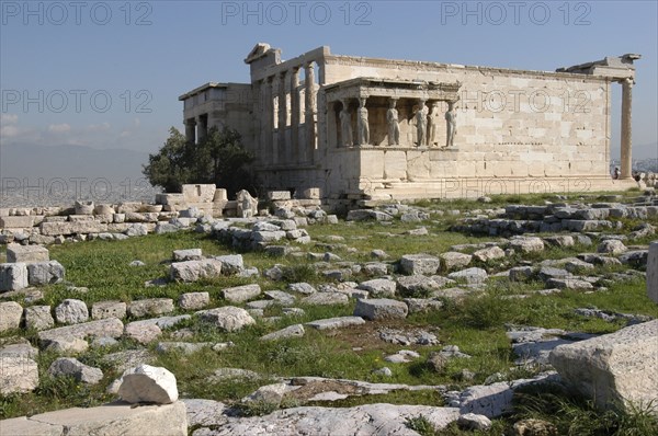 GREECE, Athens, Acropolis. Southern side of the Erechtheion with the Caryatids statues