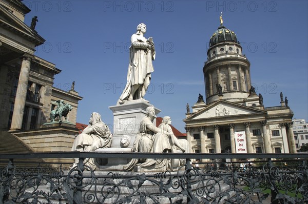 GERMANY, Berlin, Schiller Monument and French Cathedral in the Gendarmenmarkt