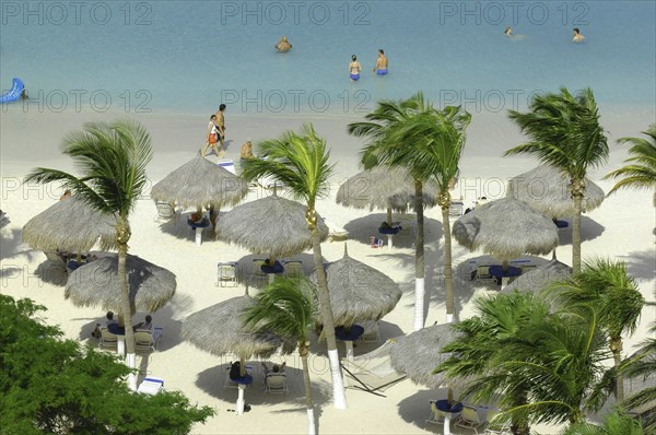 WEST INDIES, Dutch Antilles, Aruba, View looking down on white sandy beach lined with thatched umbrellas and small palm trees