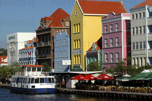 WEST INDIES, Dutch Antilles, Curacao, Willemstad harbour front colourful colonial style architecture