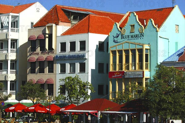 WEST INDIES, Dutch Antilles, Curacao, Willemstad harbour front colourful colonial style architecture