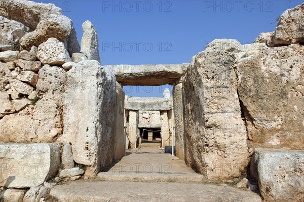 MALTA, Hagar Qim, View along passage way of the temple constructed of huge limestone slabs dating from circa 3000BC