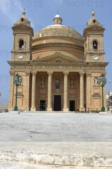 MALTA, Mgarr, Church facade with corner towers and domed roof